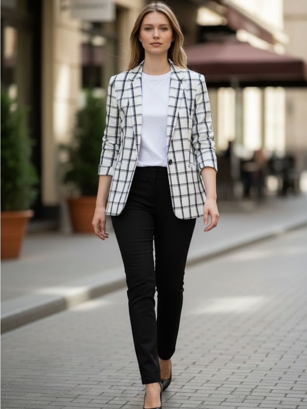 Express White Blazer with Black Windowpane Check Size 2 Stretch Office Workwear